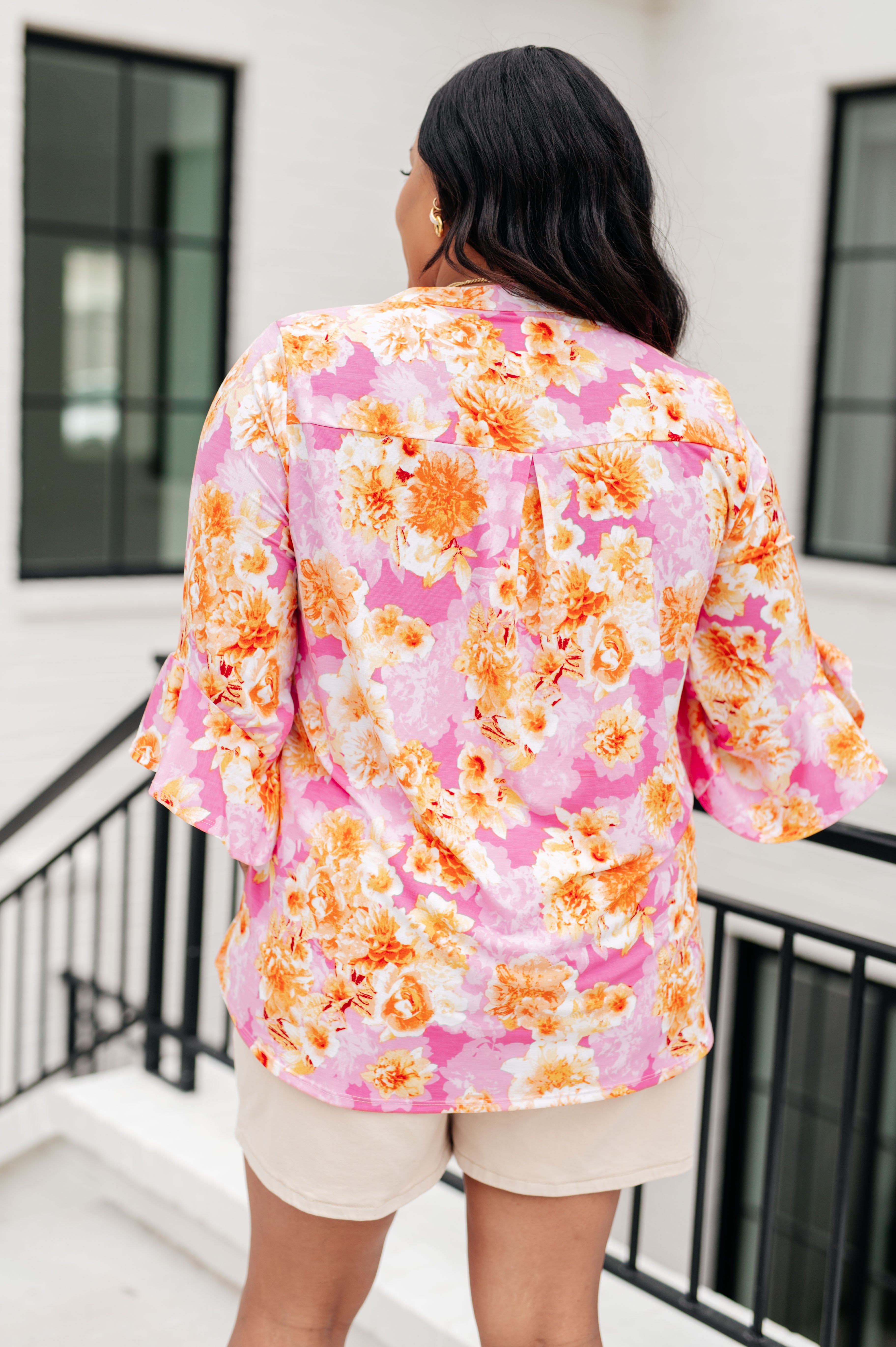 Lizzy Bell Sleeve Top in Pink and Gold Floral Ave Shops