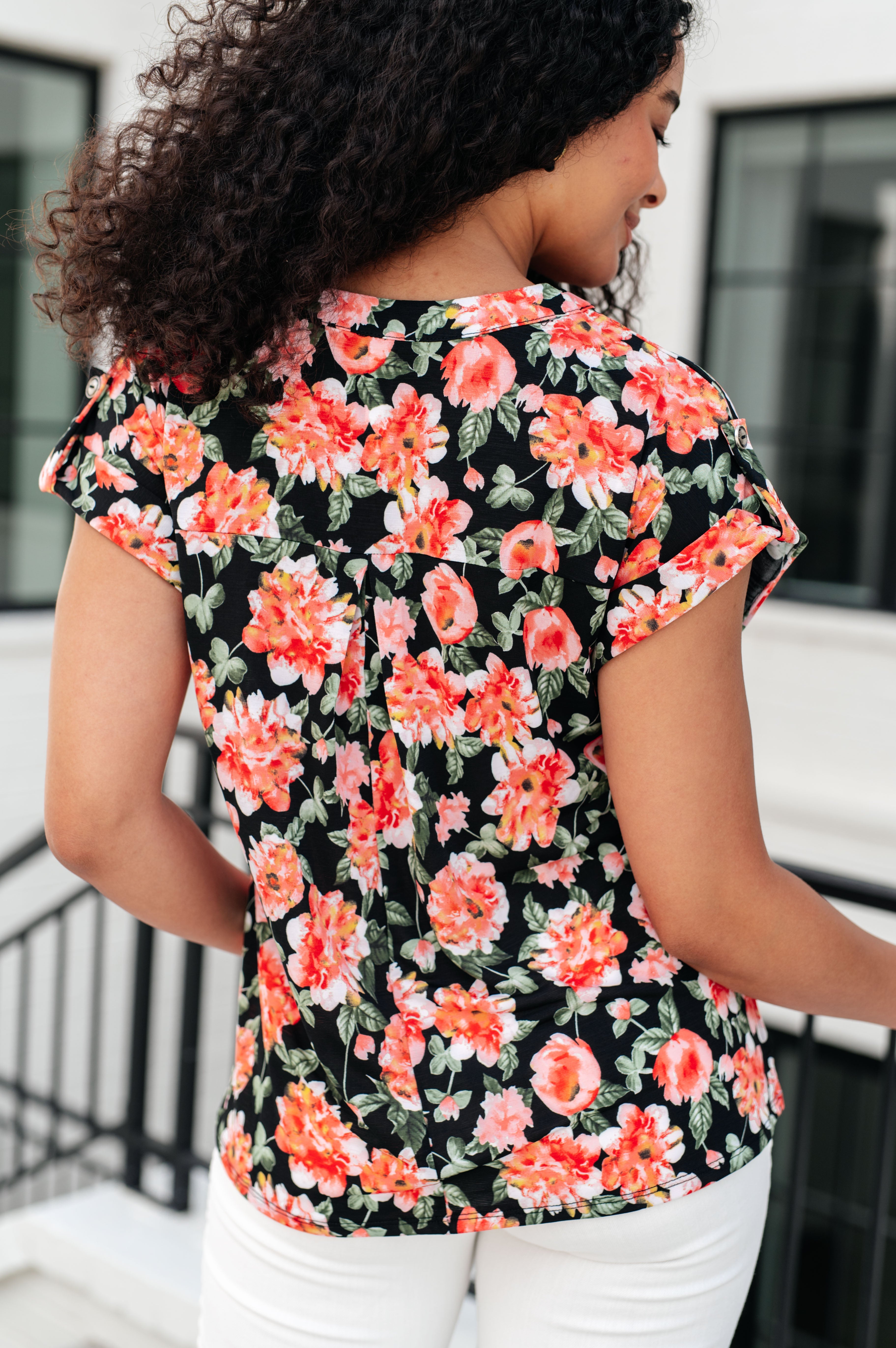 Lizzy Cap Sleeve Top in Black and Coral Floral Ave Shops