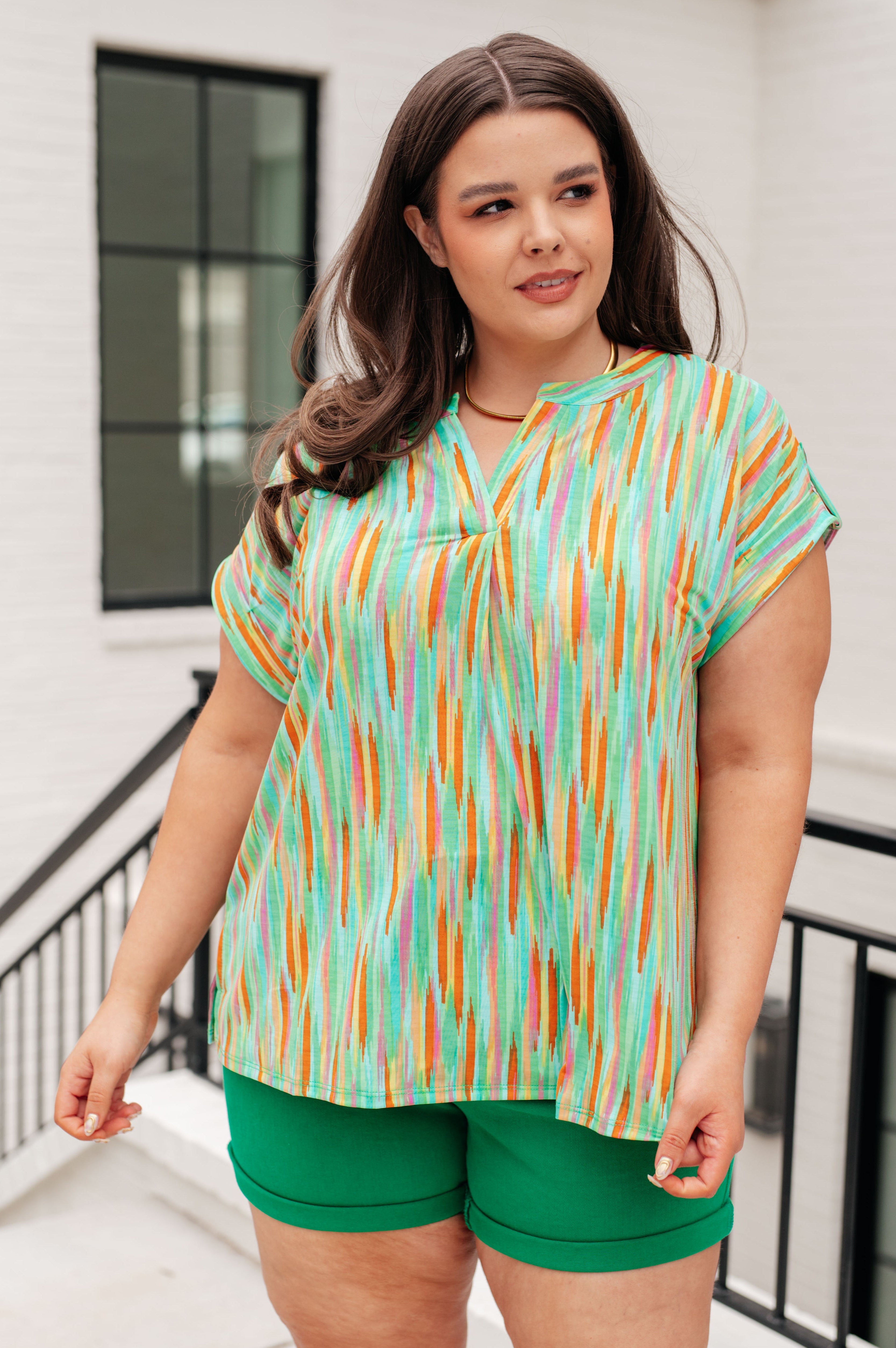 Lizzy Cap Sleeve Top in Lime and Emerald Multi Stripe Ave Shops