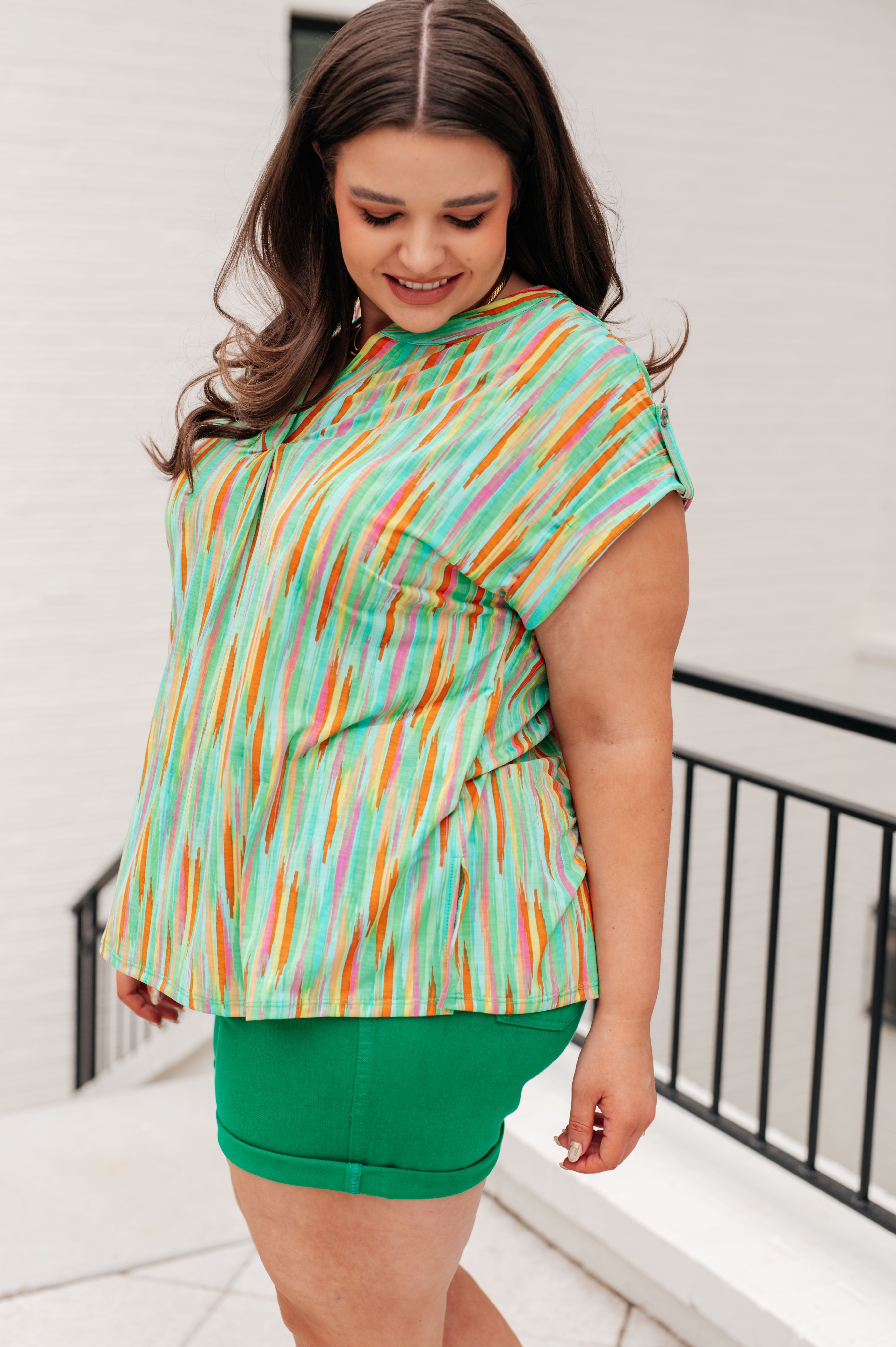 Lizzy Cap Sleeve Top in Lime and Emerald Multi Stripe Ave Shops