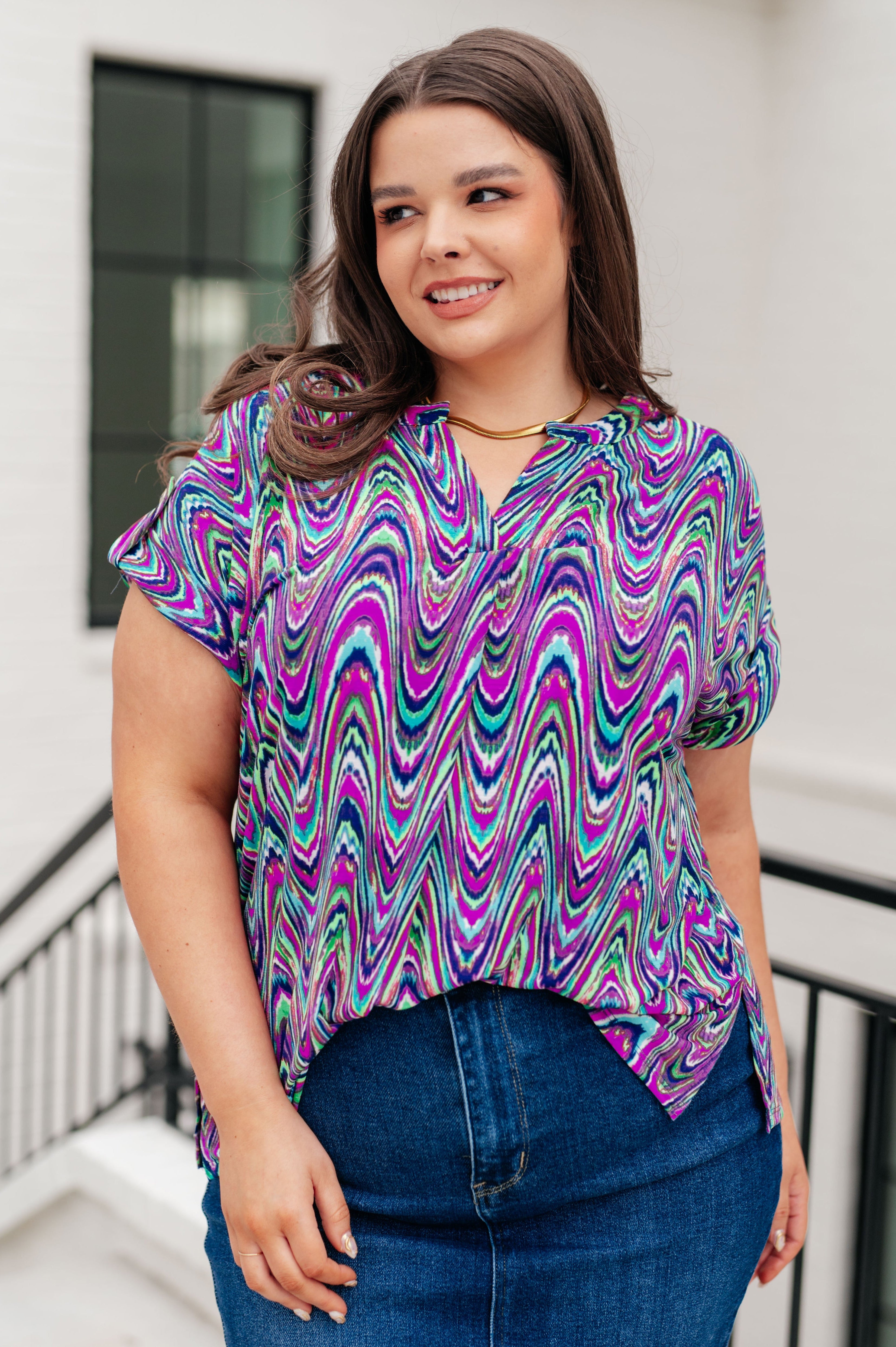 Lizzy Cap Sleeve Top in Purple Multi Marble Ave Shops