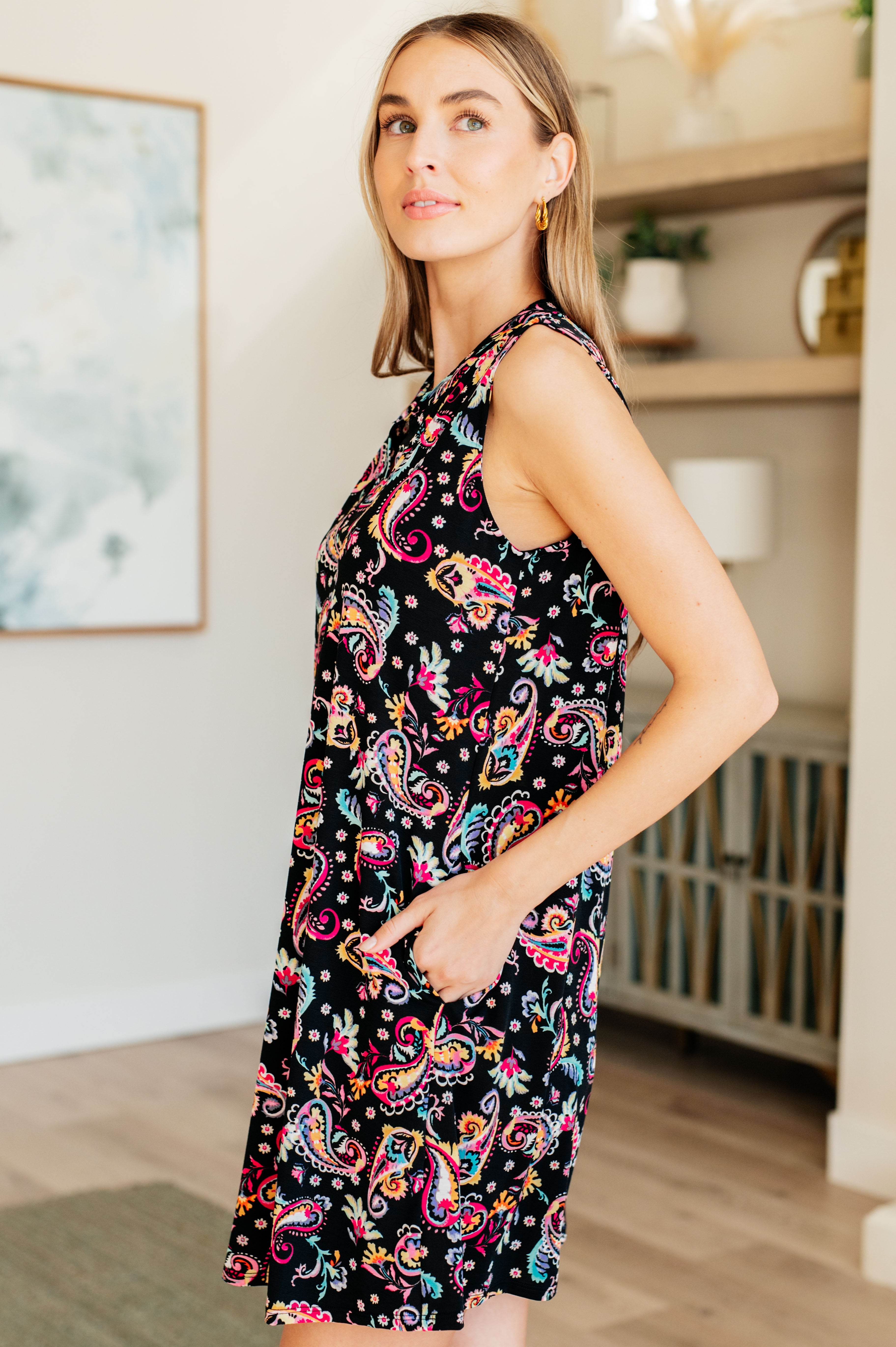 Lizzy Tank Dress in Black and Pink Paisley Ave Shops