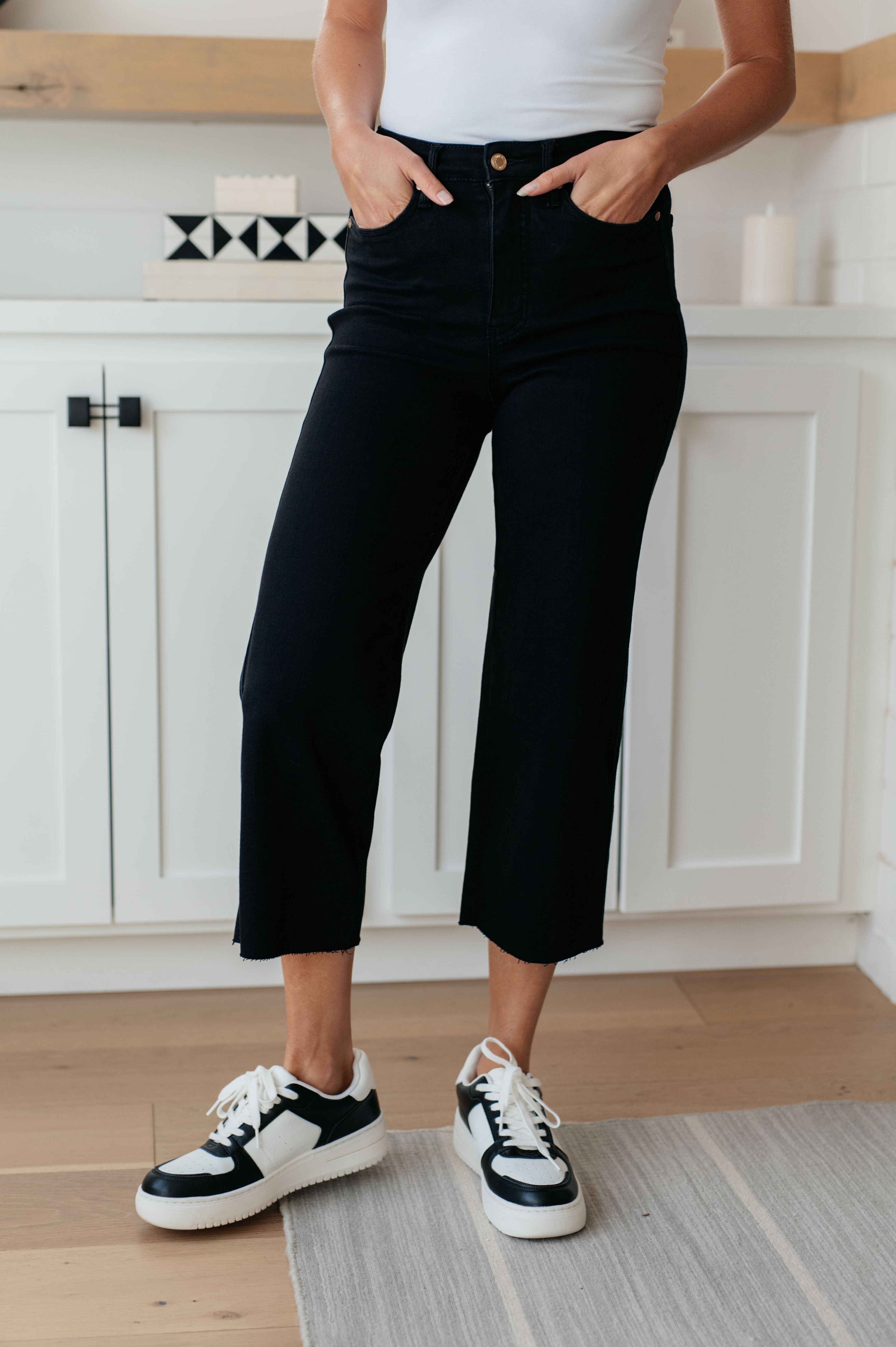 Lizzy High Rise Control Top Wide Leg Crop Jeans in Black Ave Shops