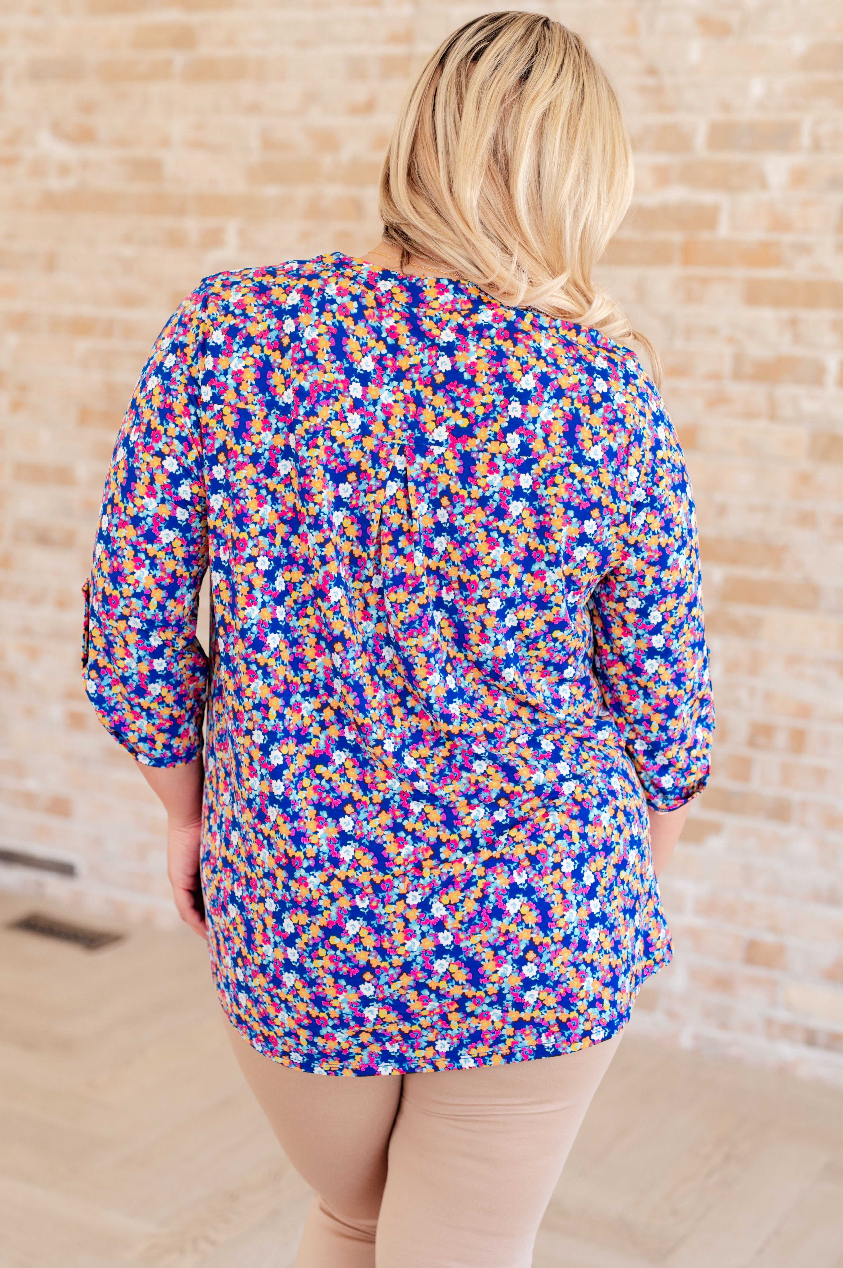 Lizzy Top in Blue and Pink Retro Ditsy Floral Ave Shops