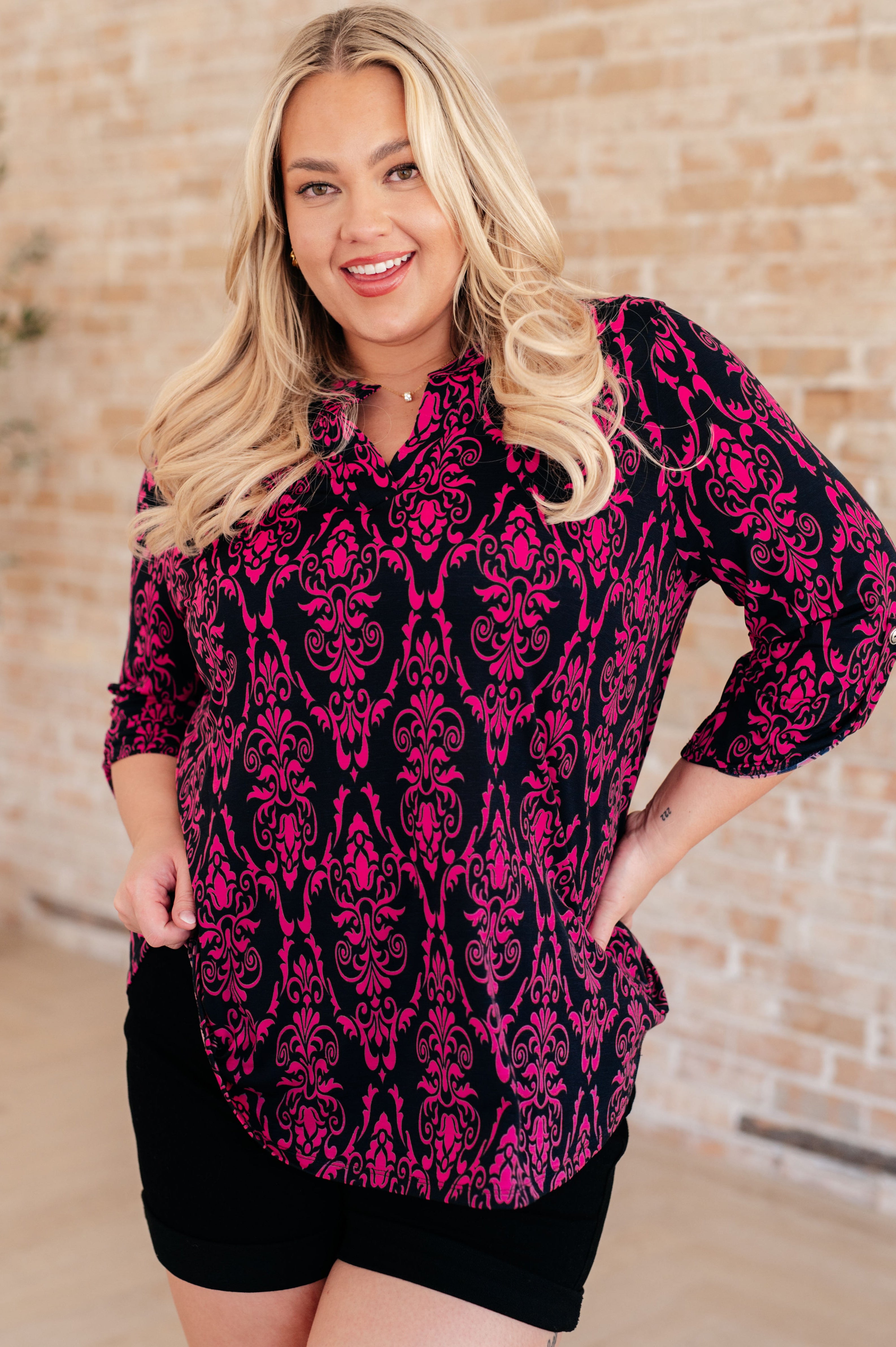 Lizzy Top in Navy and Hot Pink Damask Ave Shops