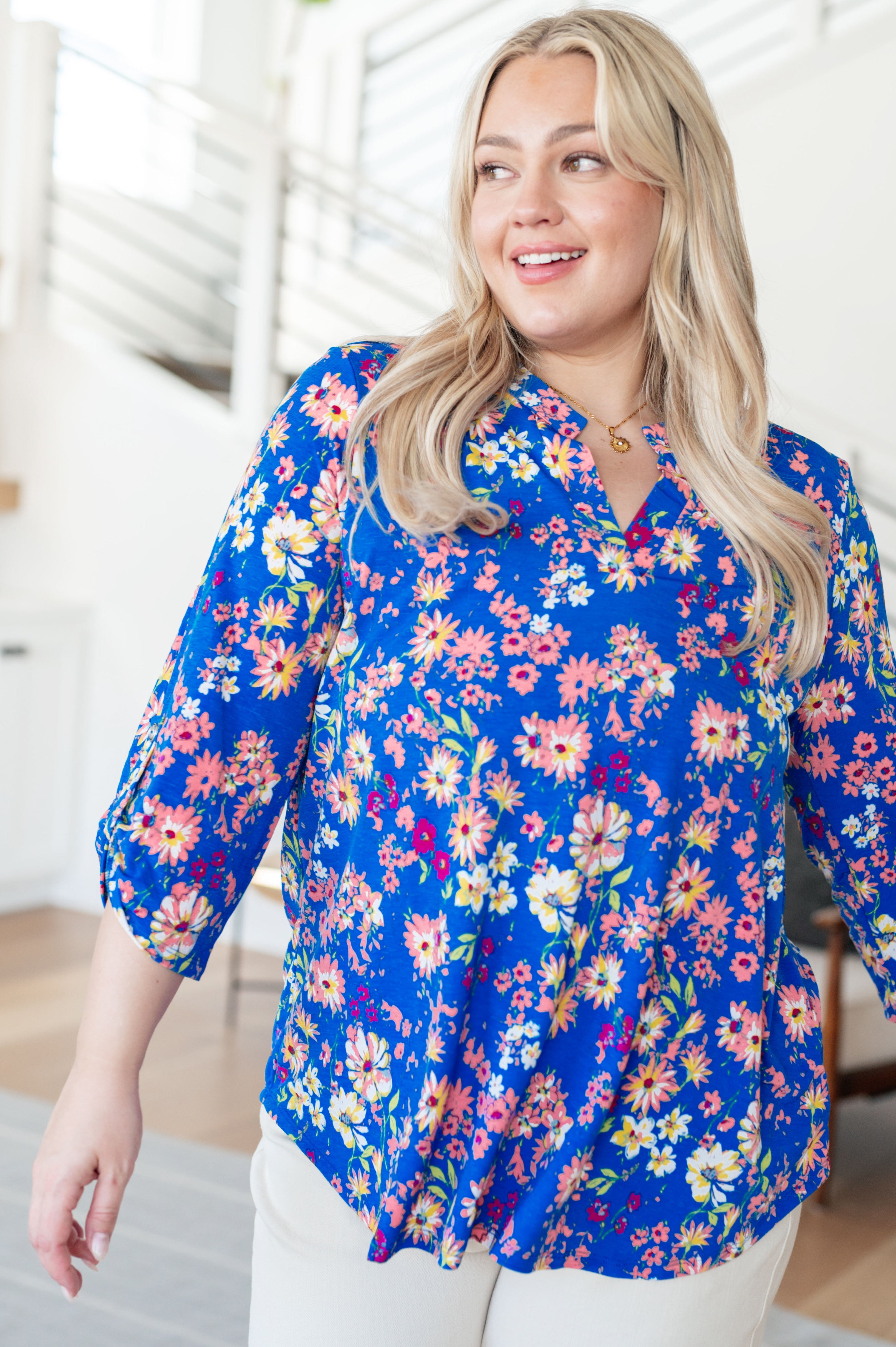 Lizzy Top in Royal and Blush Floral Ave Shops