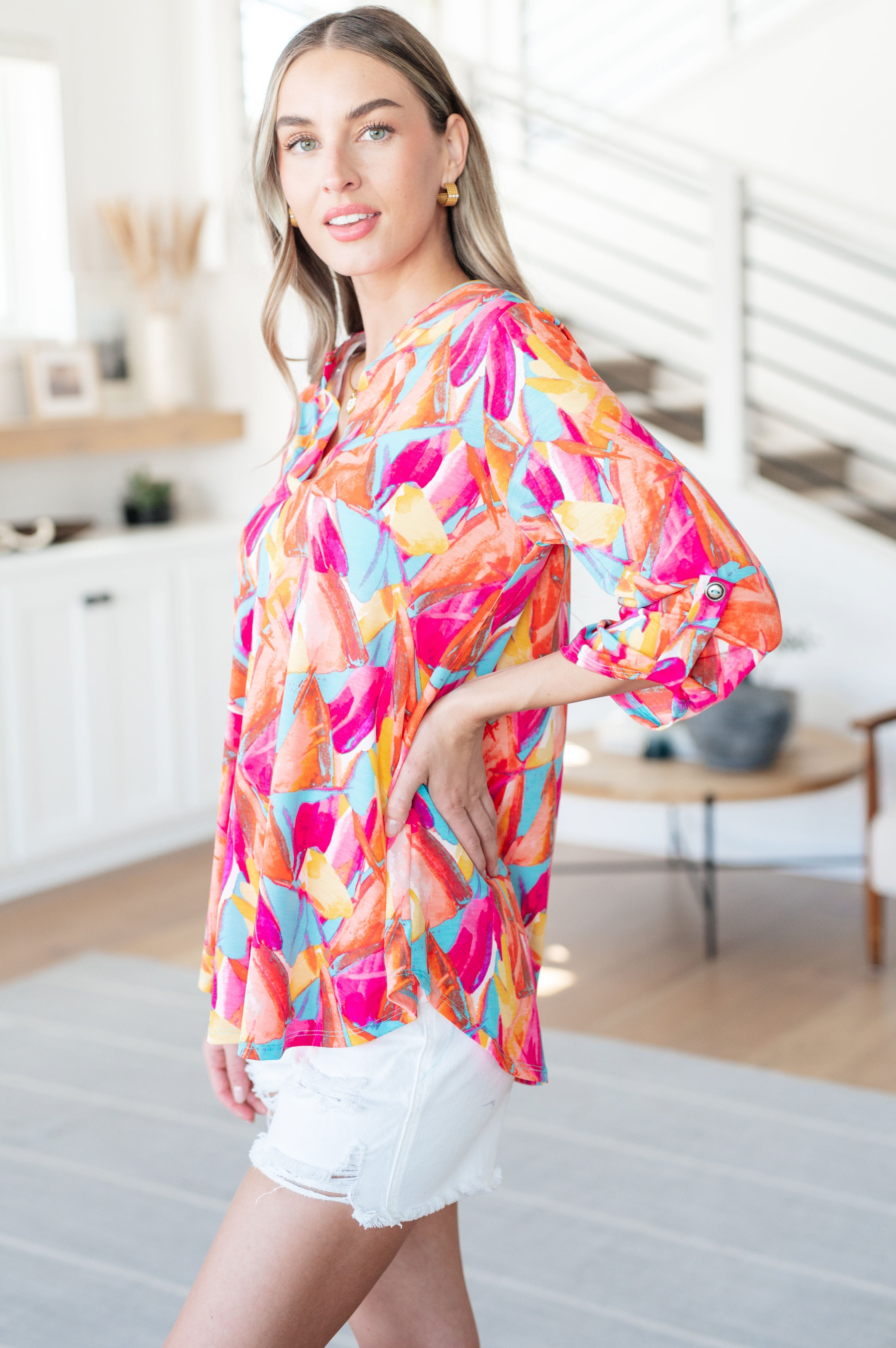 Lizzy Top in Teal and Hot Pink Abstract Fans Ave Shops