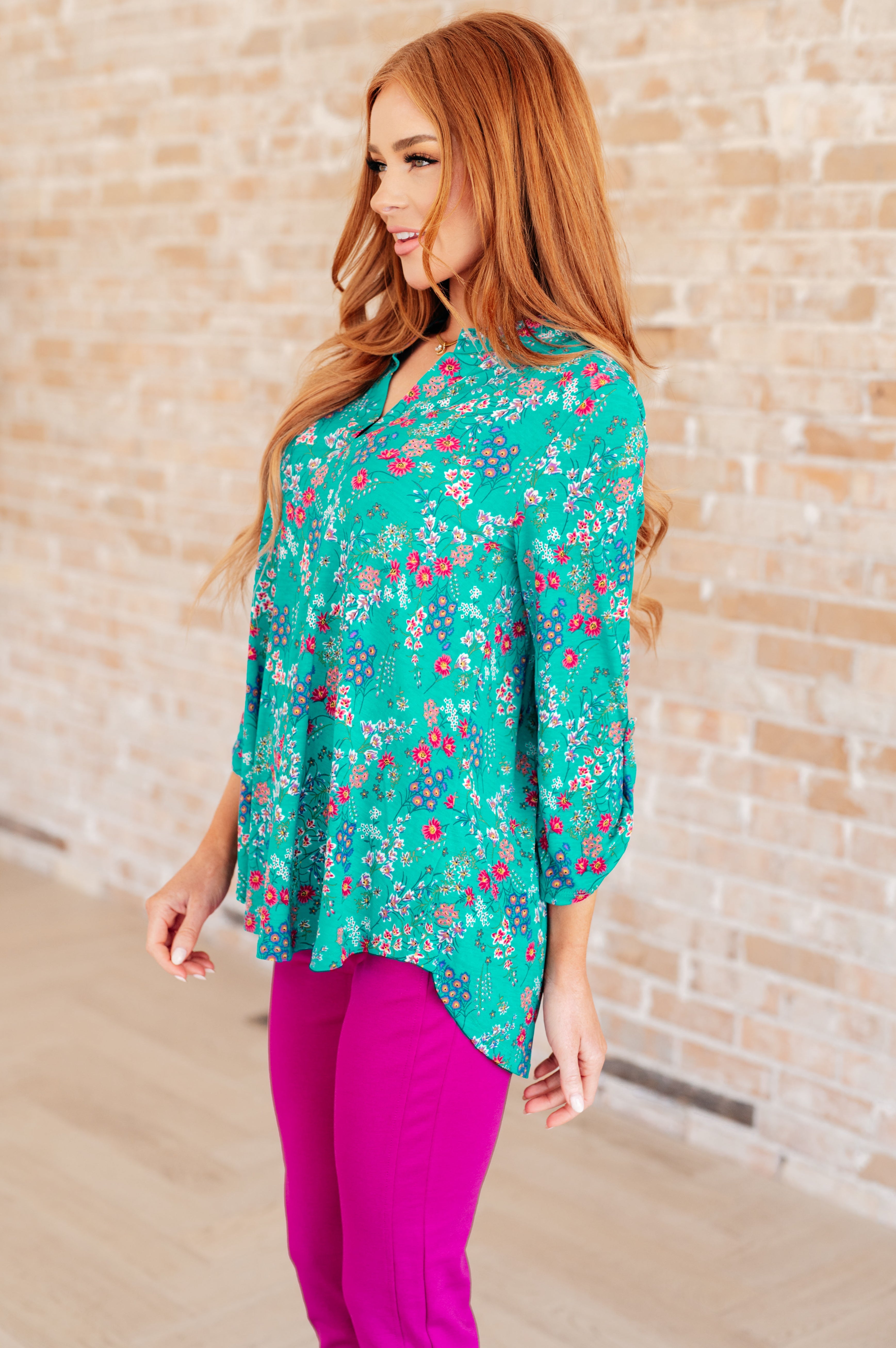Lizzy Top in Teal and Lavender Wildflowers Ave Shops