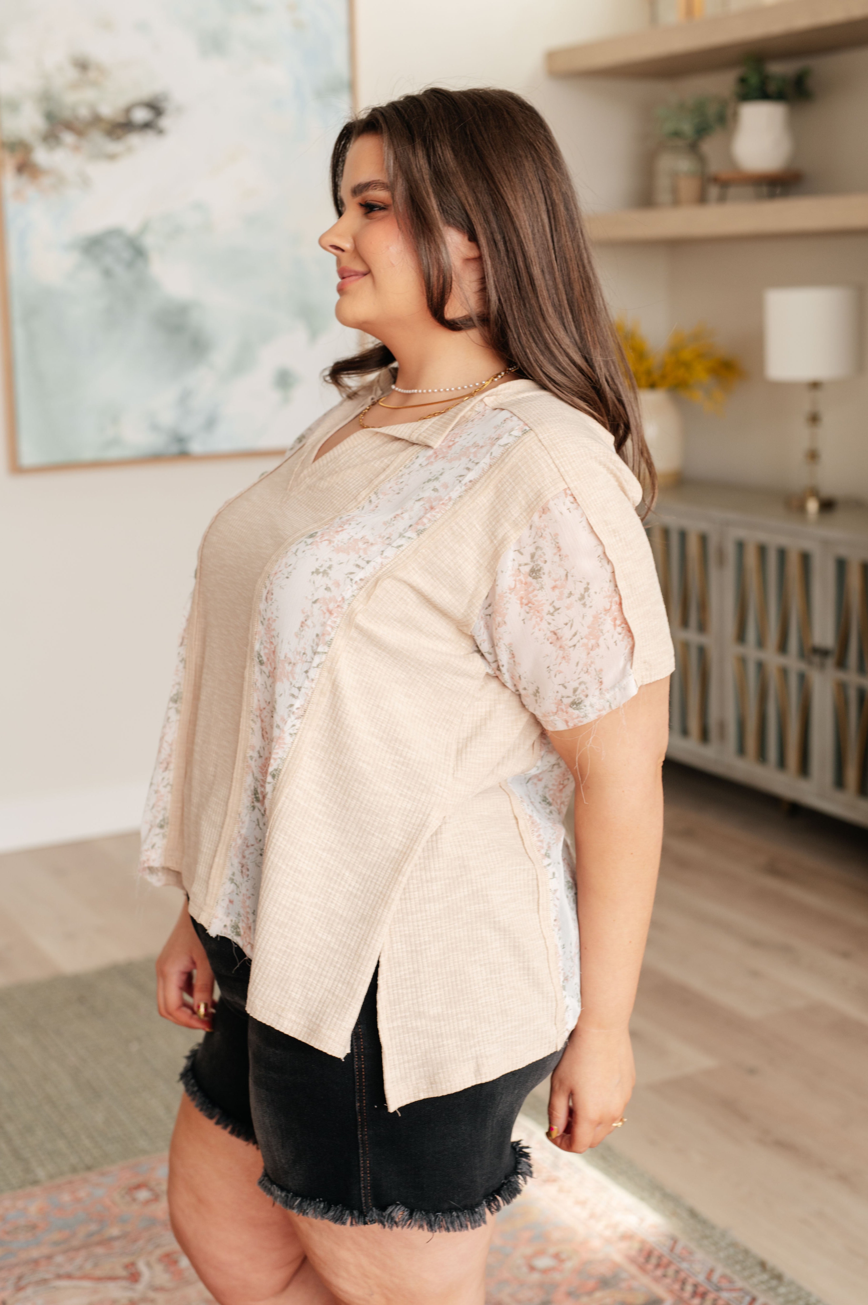 Mention Me Floral Accent Top in Toasted Almond Ave Shops