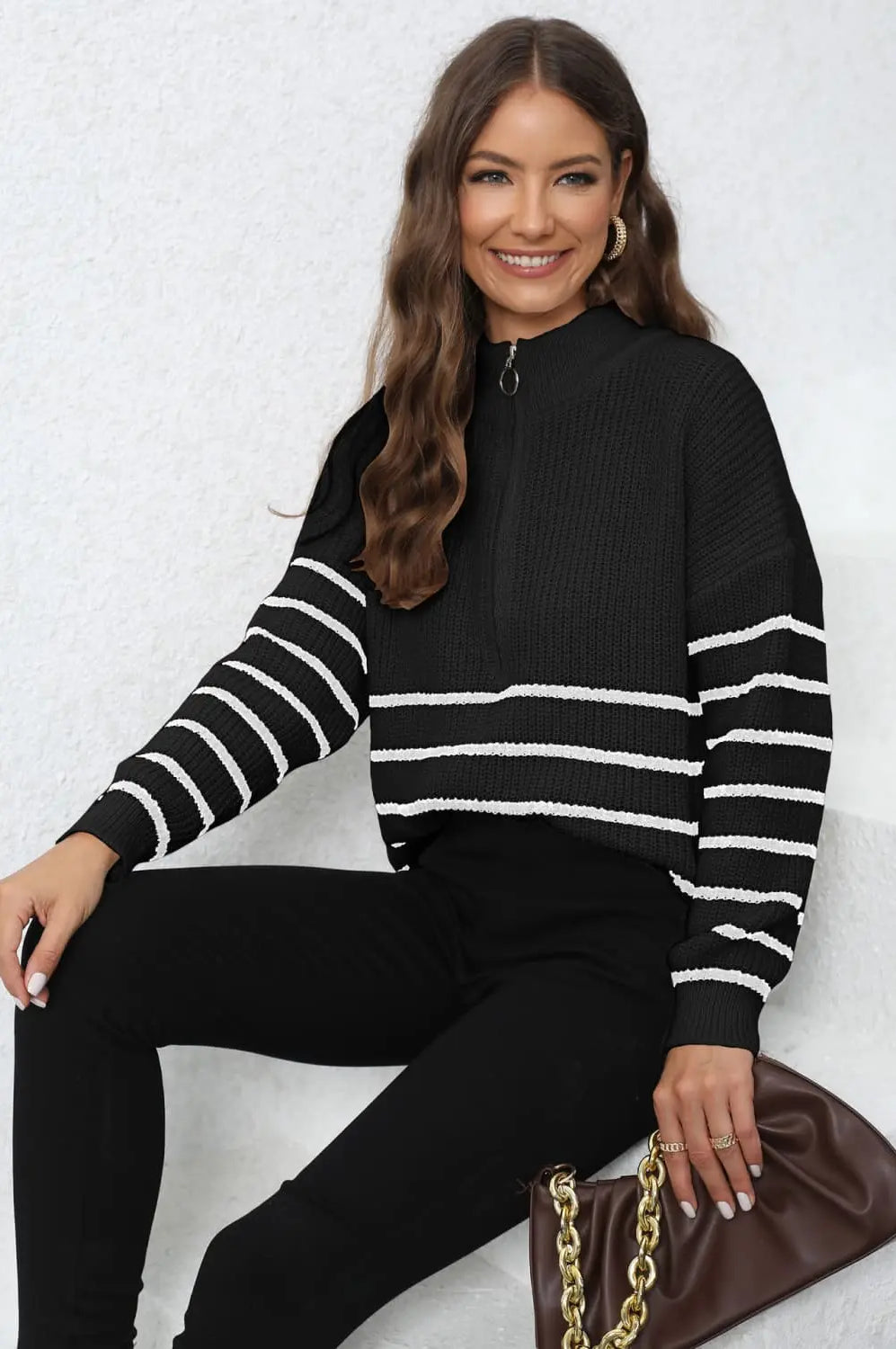 Mock Neck Long Sleeve Zip-Up Sweater Trendsi