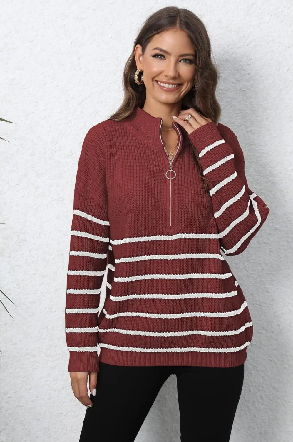 Mock Neck Long Sleeve Zip-Up Sweater Trendsi