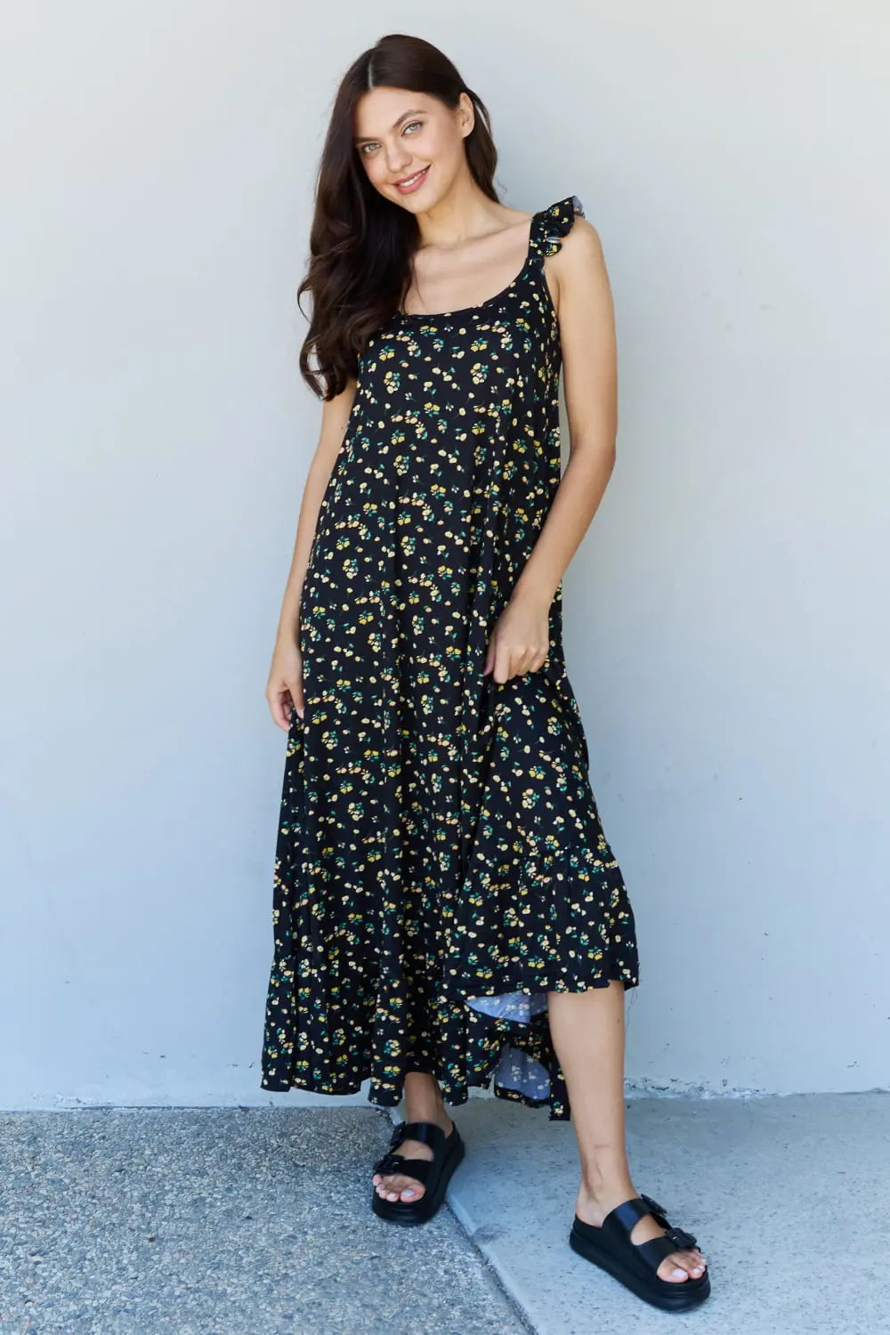 Doublju In The Garden Ruffle Floral Maxi Dress in  Black Yellow Floral Ninexis