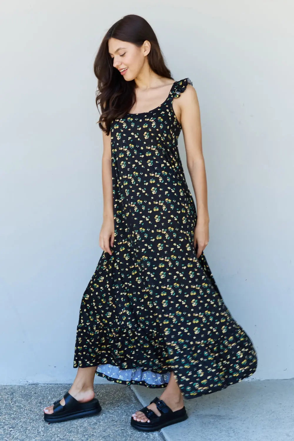 Doublju In The Garden Ruffle Floral Maxi Dress in  Black Yellow Floral Ninexis