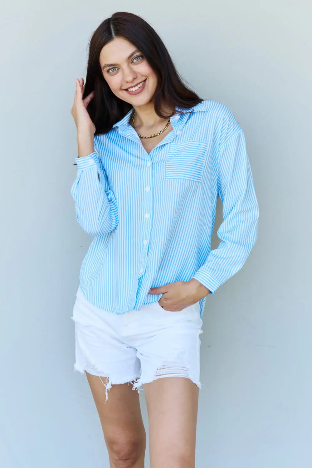 Doublju She Means Business Striped Button Down Shirt Top Ninexis