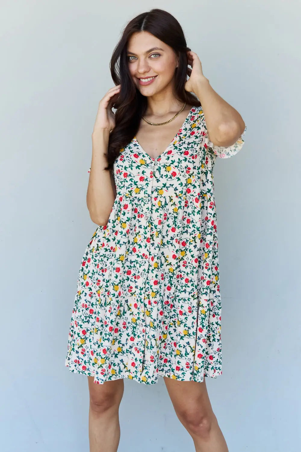 Ninexis Follow Me Full Size V-Neck Ruffle Sleeve Floral Dress Trendsi
