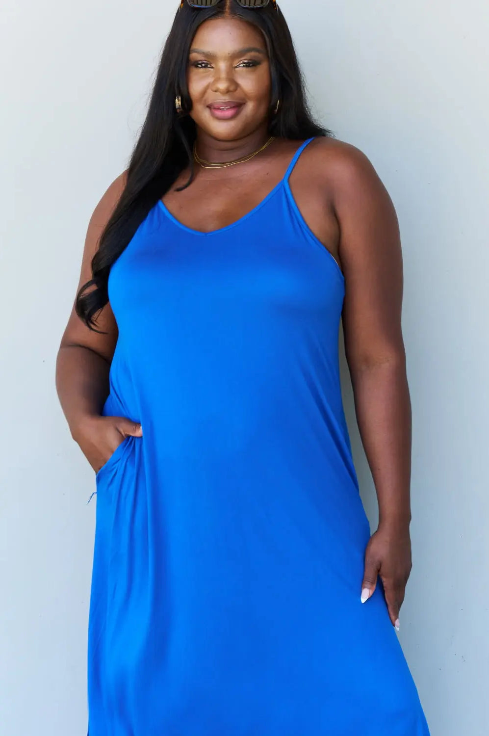 Ninexis Good Energy Full Size Cami Side Slit Maxi Dress in Royal Blue Trendsi