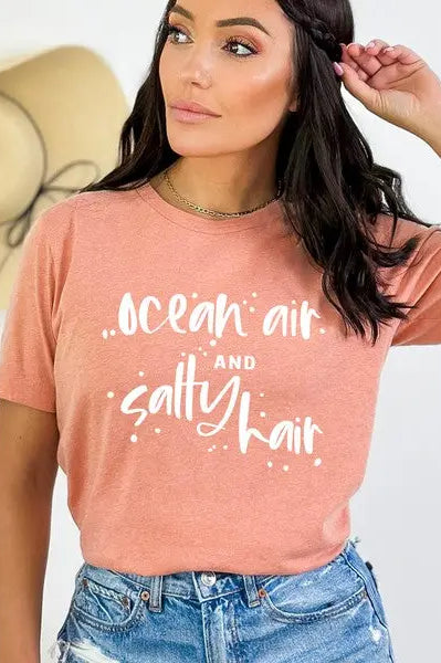 Ocean Air And Salty Hair Short Sleeve Graphic Tee Olive and Ivory Wholesale