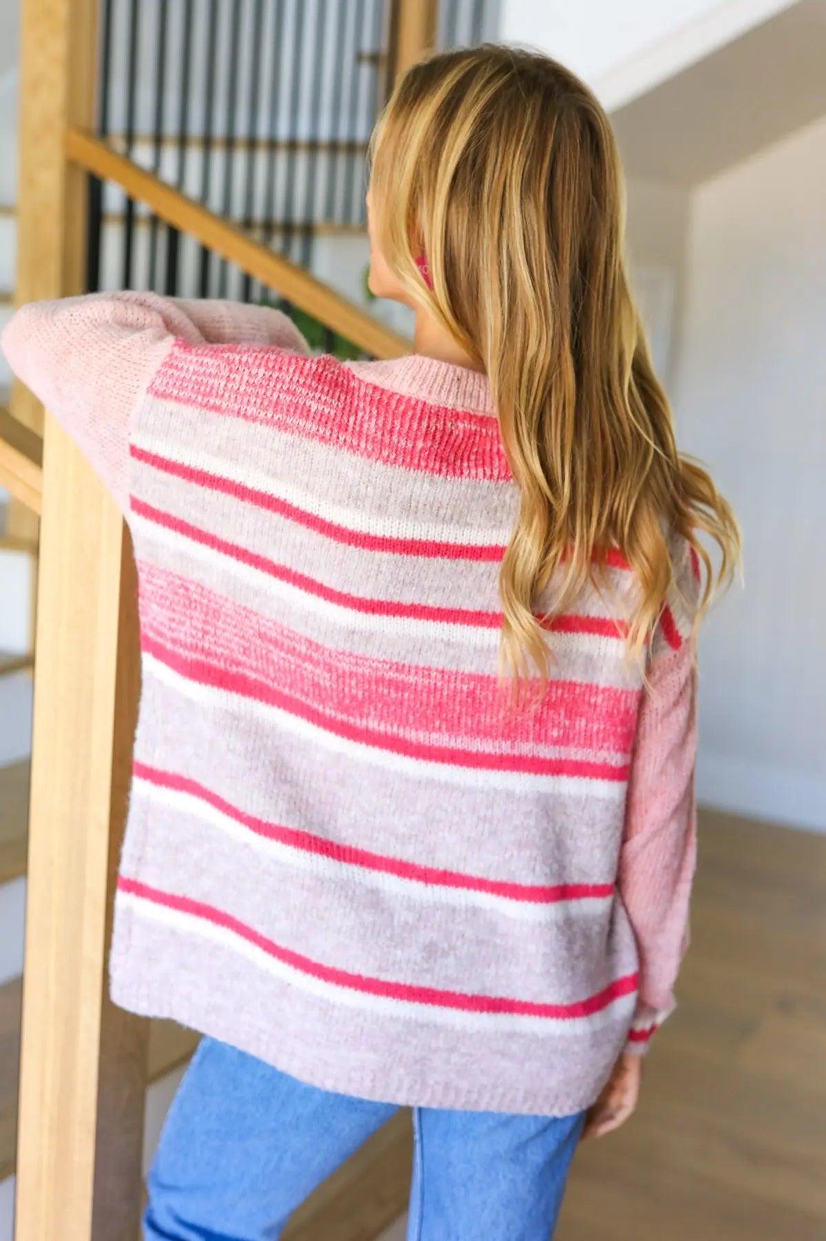 On The Chase Pink & Coral Striped Knit Sweater Haptics