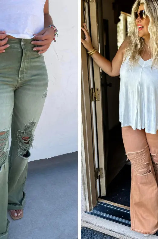 PREORDER: Blakeley Distressed Jeans In Olive and Camel Ave Shops