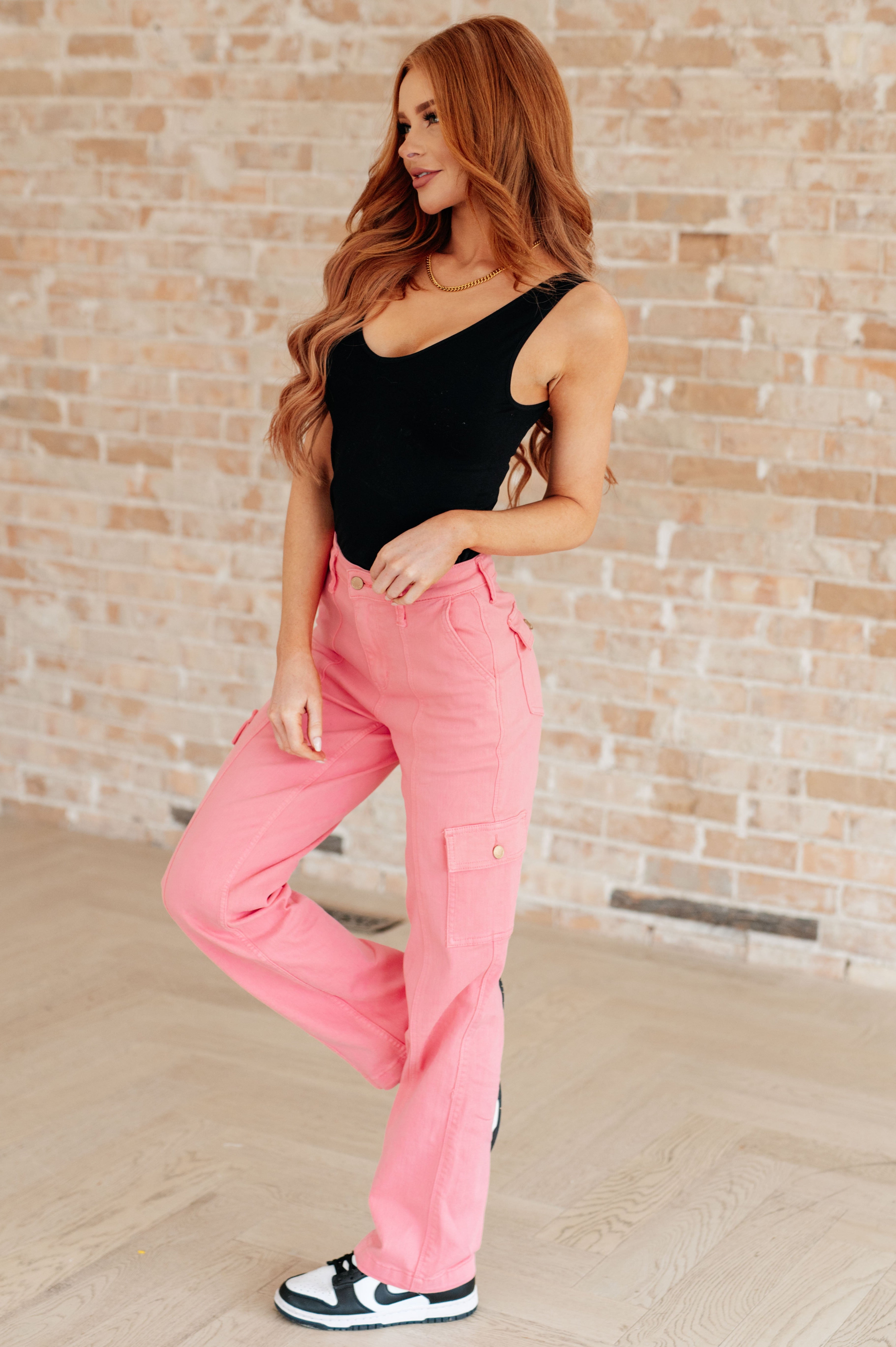 Peggy High Rise Cargo Straight Jeans in Pink Ave Shops