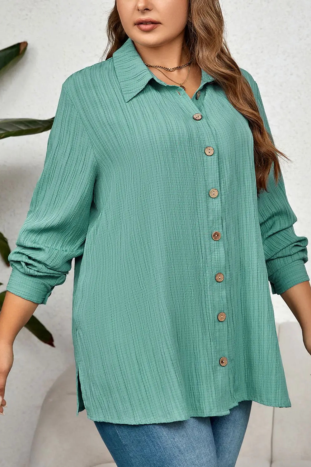 Plus Size Collared Neck Long Sleeve Shirt Trendsi