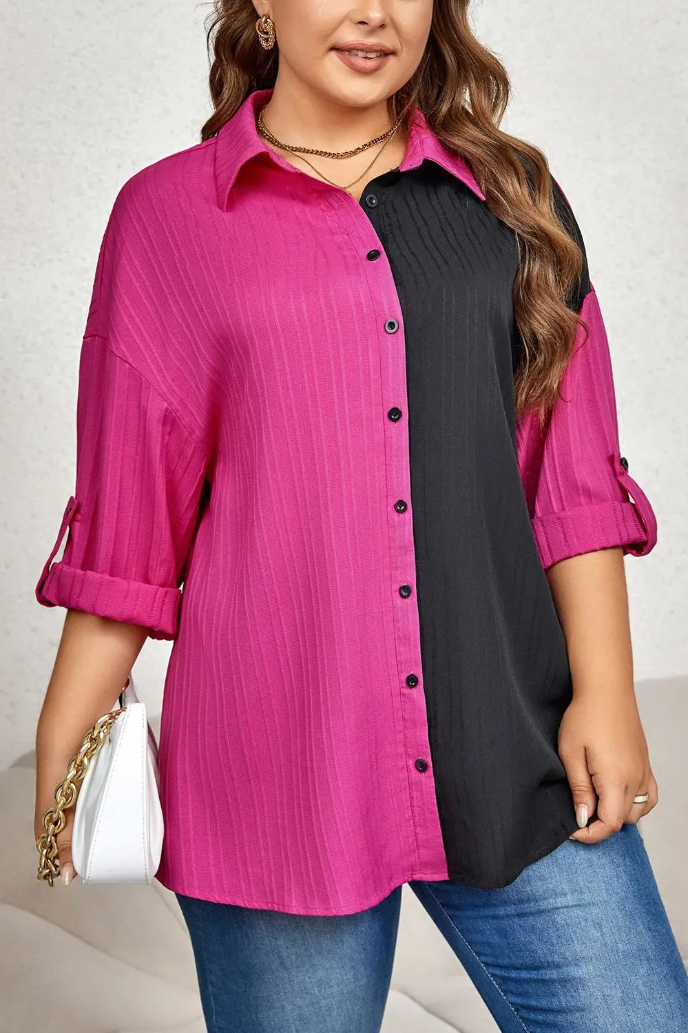 Plus Size Contrast Color Roll-Tap Sleeve Shirt Trendsi