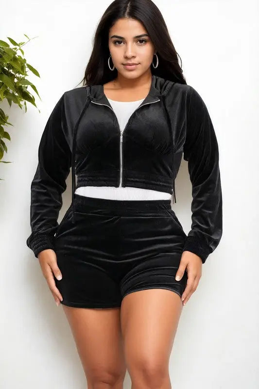 Plus Size Velour Crop Zip Up Hoodie and Shorts Set Capella