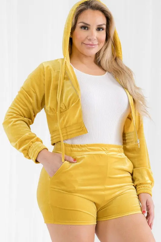 Plus Size Velour Crop Zip Up Hoodie and Shorts Set Capella