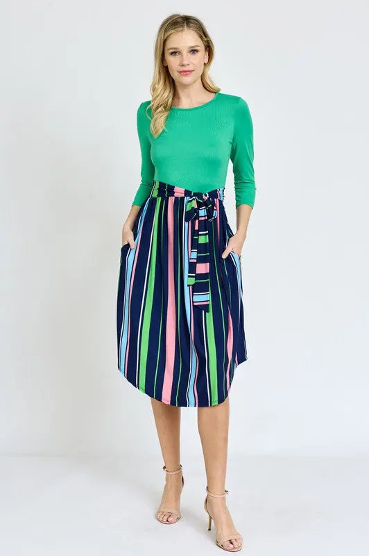 Quarter Sleeve Multi Stripe Sash Midi Dress EG fashion