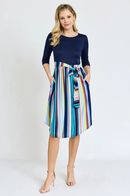 Quarter Sleeve Multi Stripe Sash Midi Dress EG fashion