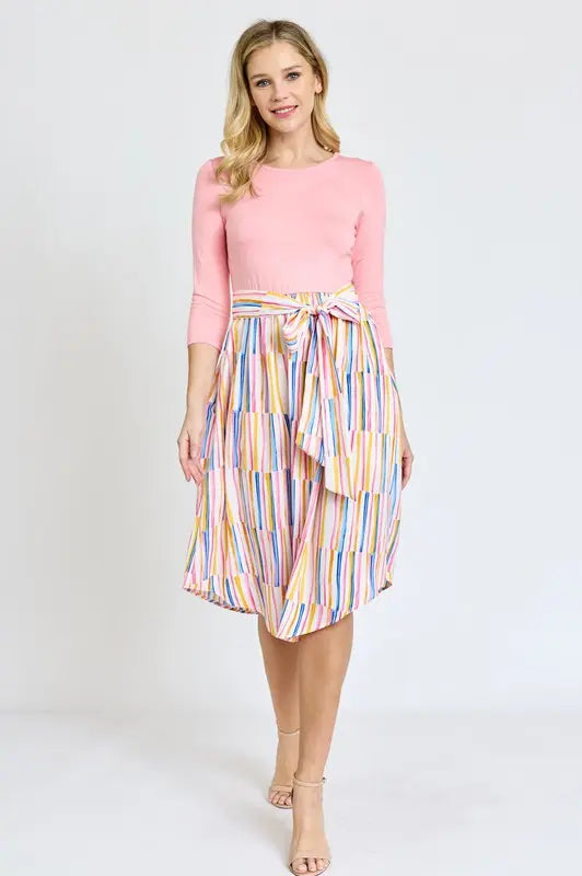 Quarter Sleeve Stripe Sash Midi Dress EG fashion