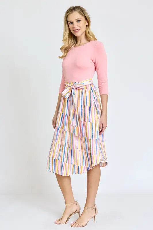 Quarter Sleeve Stripe Sash Midi Dress EG fashion