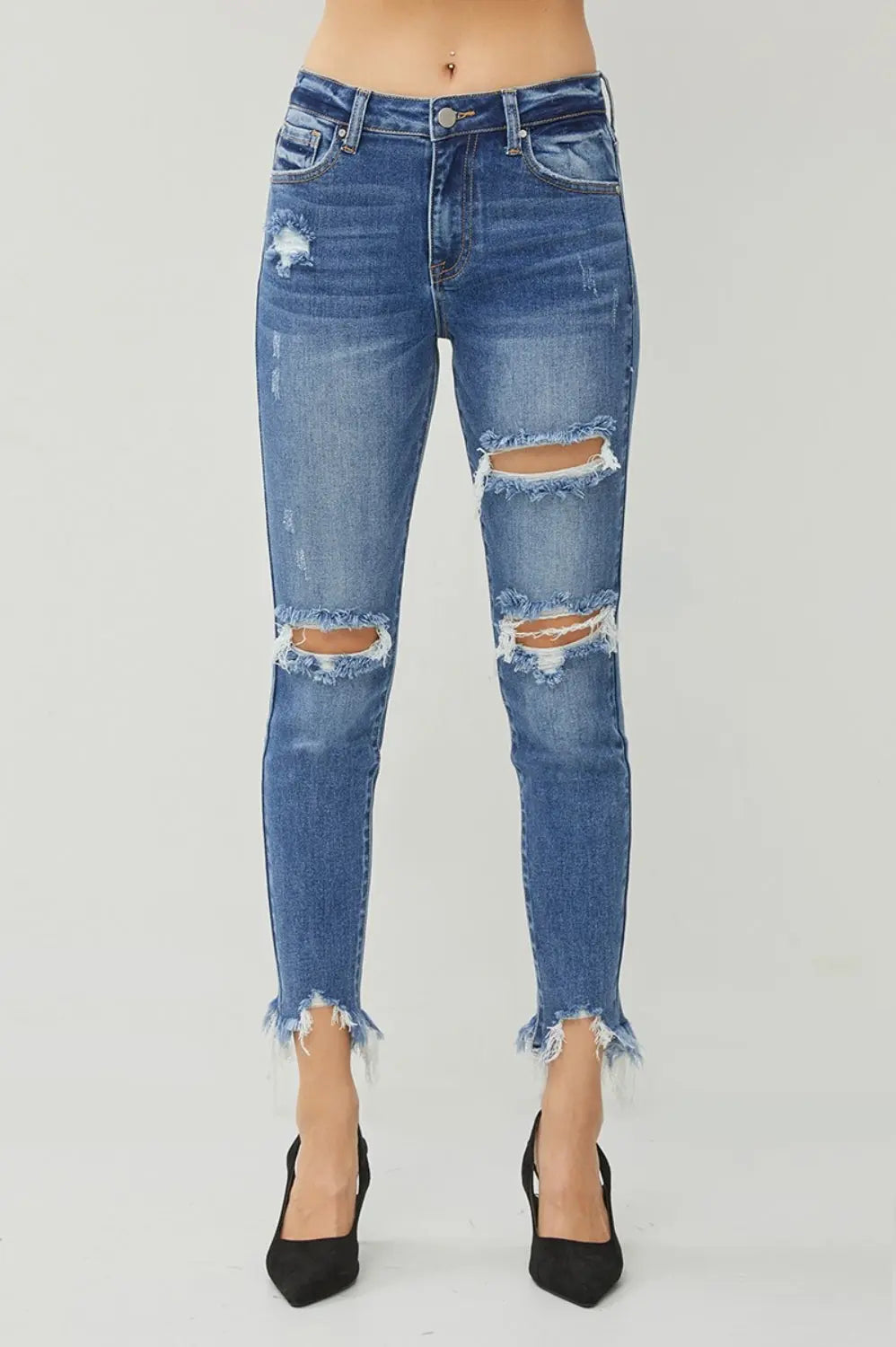 RISEN Distressed Frayed Hem Slim Jeans Trendsi