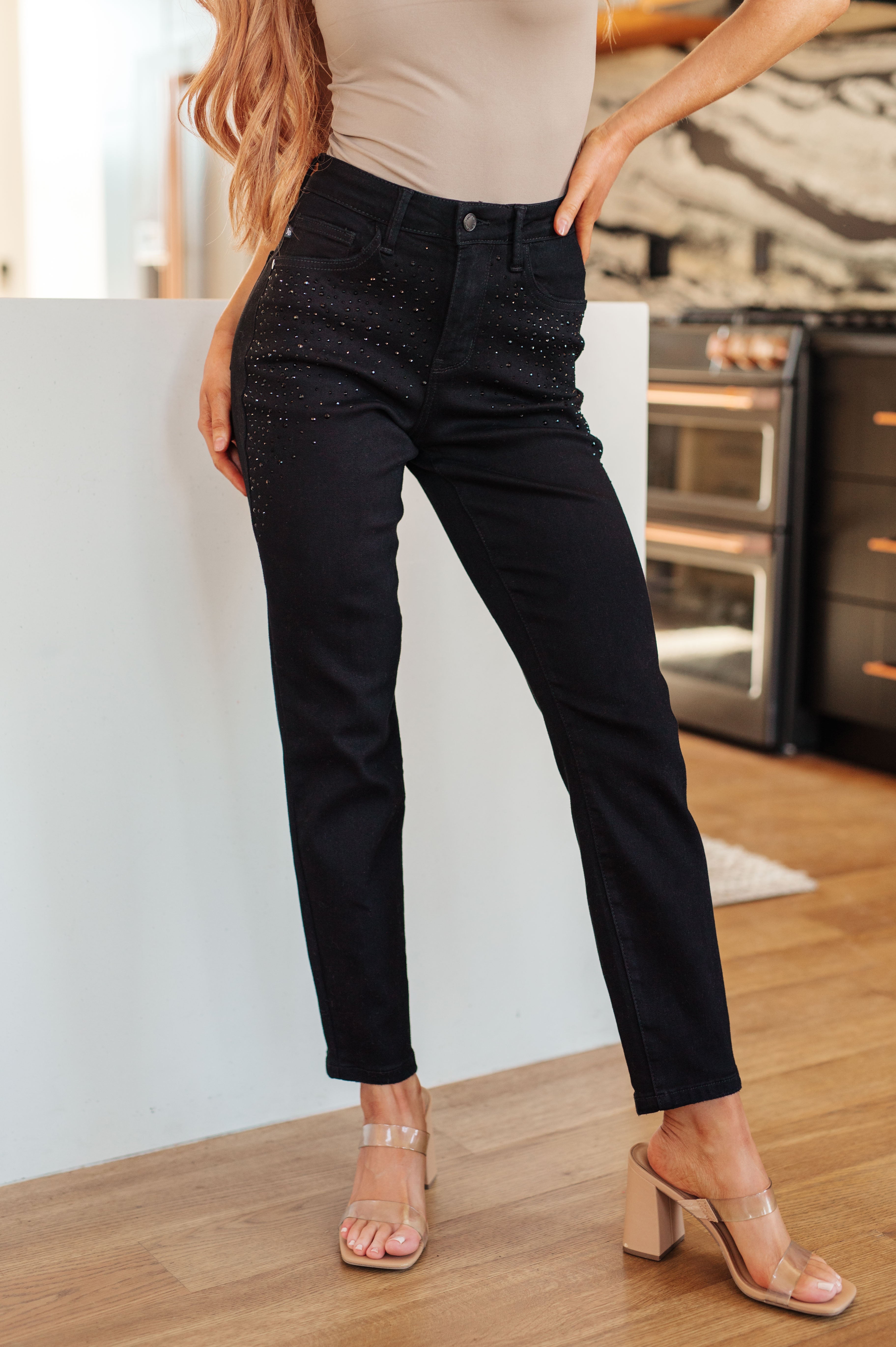 Reese Rhinestone Slim Fit Jeans in Black Judy Blue