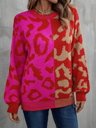 Round Neck Contrast Color Dropped Shoulder Sweater Trendsi