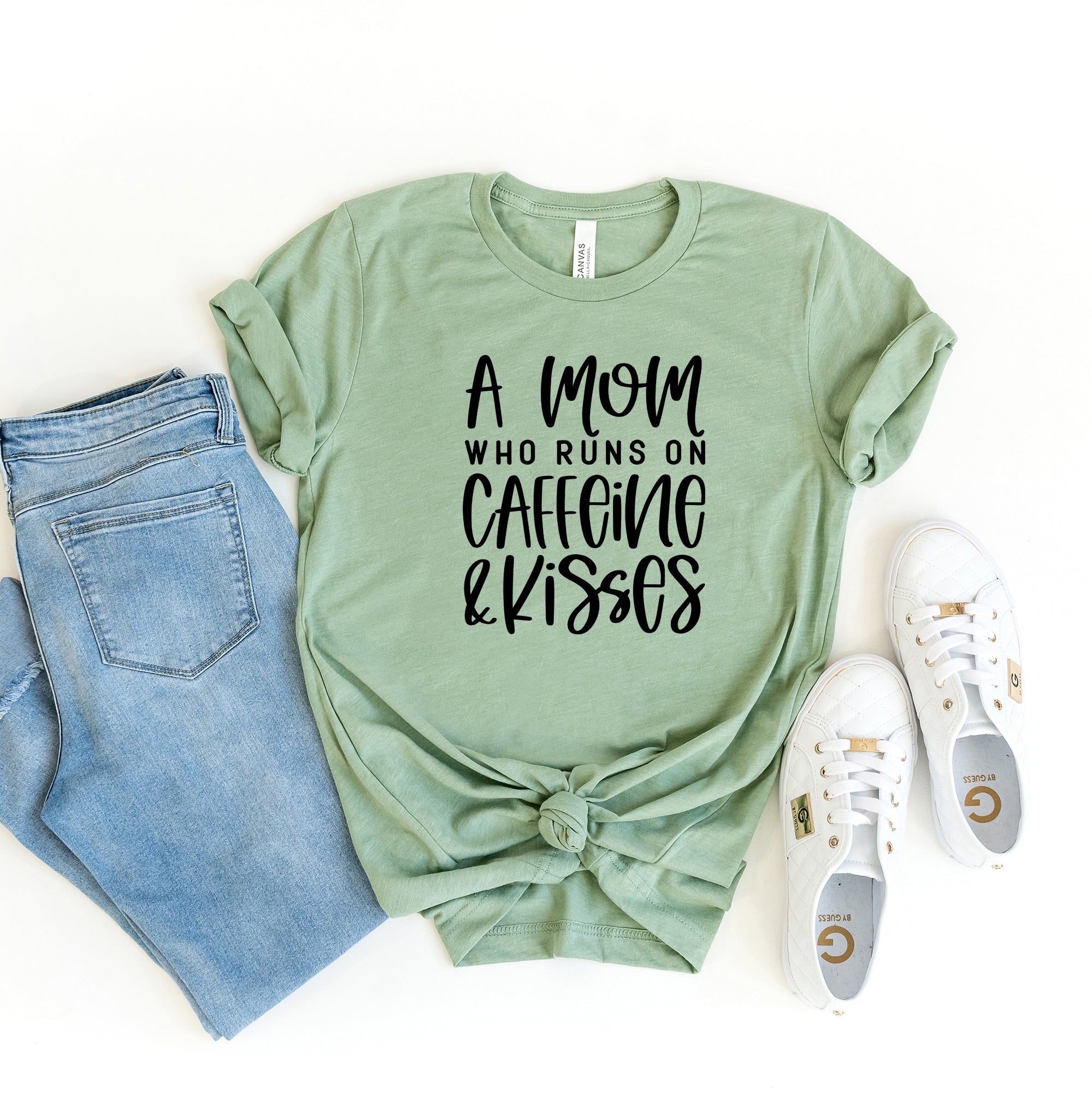 A Mom Who Runs On Caffeine And Kisses | Short Sleeve Crew Neck Olive and Ivory Retail