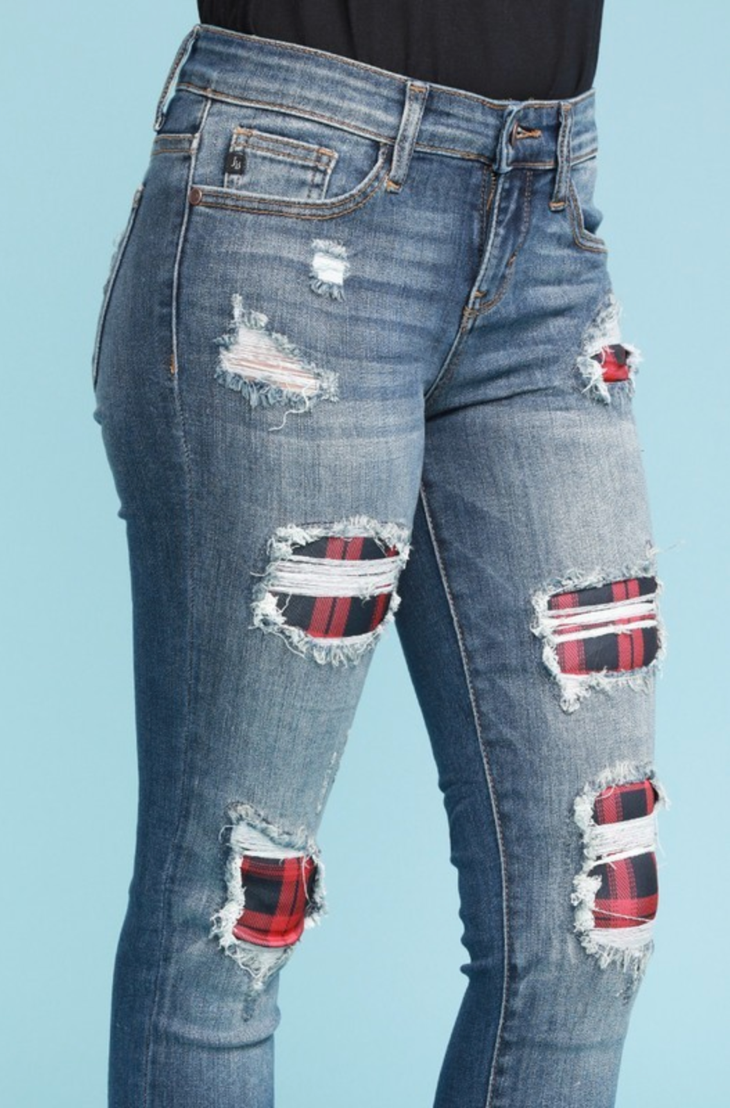 Red Plaid Patched Judy Blue Skinnies JB Boutique Simplified