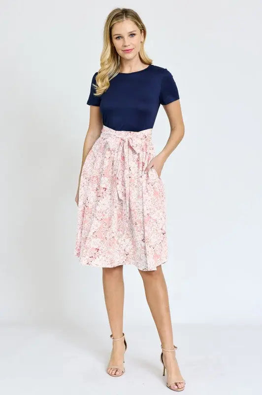 Short Sleeve Floral Sash Midi Dress EG fashion