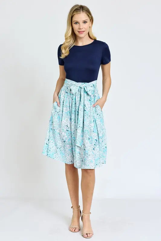 Short Sleeve Floral Sash Midi Dress EG fashion