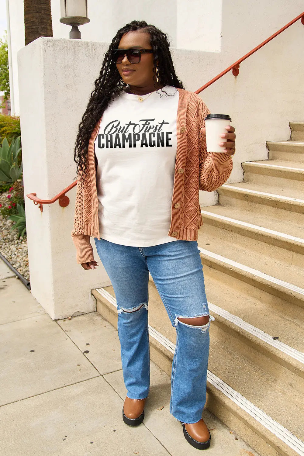 Simply Love Full Size BUT FIRST CHAMPAGNE Round Neck T-Shirt Trendsi