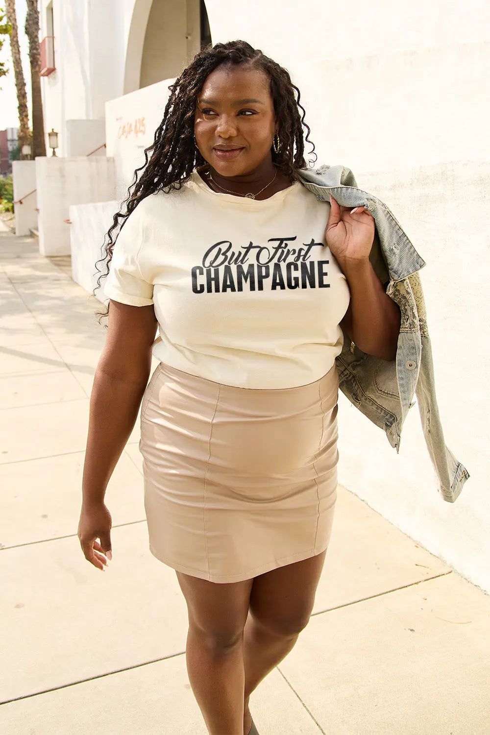 Simply Love Full Size BUT FIRST CHAMPAGNE Round Neck T-Shirt Trendsi