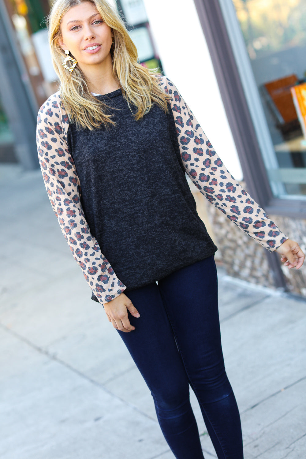 Black Hacci Sweater Knit Long Leopard Sleeve Pullover Grateful Hearts