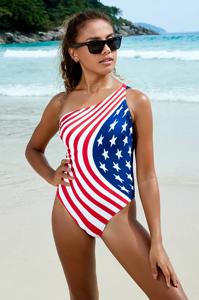 Stars and Stripes One-Shoulder One-Piece Swimsuit Trendsi