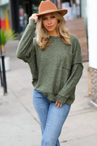 Stay Awhile Army Green Drop Shoulder Melange Sweater Zenana