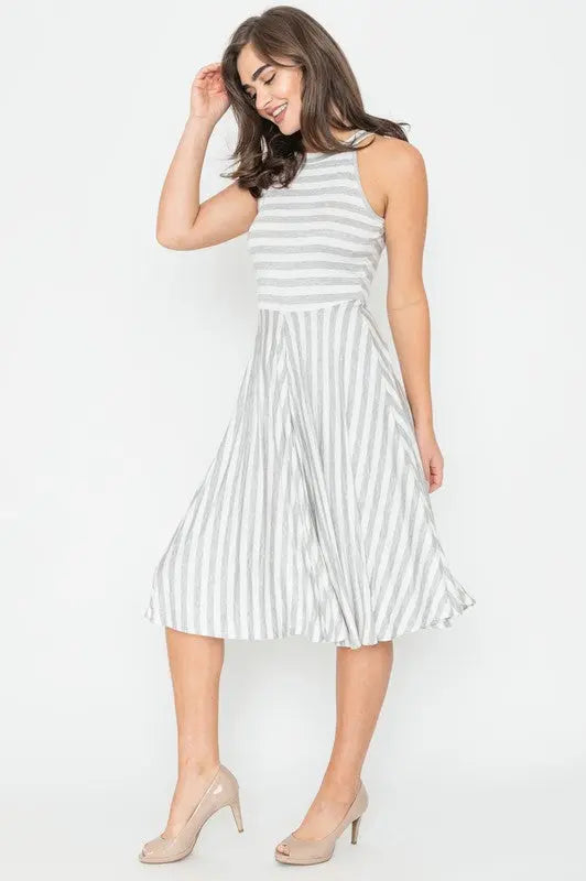Stripe Halter Neck Midi Swing Dress EG fashion
