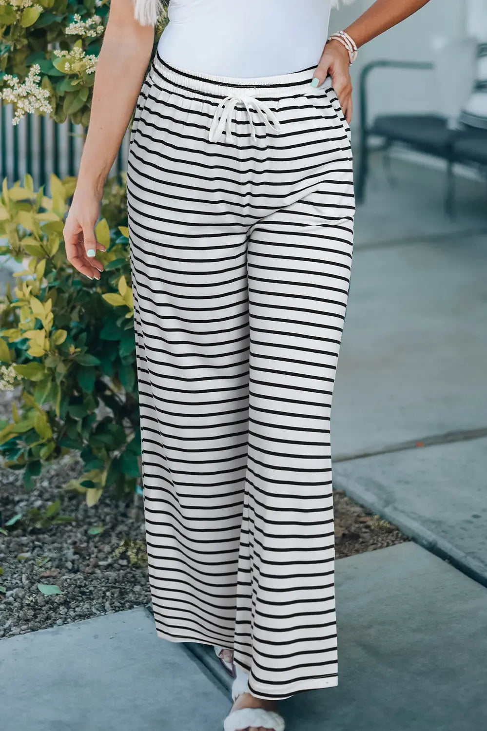Striped Drawstring Waist Wide Leg Pants Casual Chic Boutique