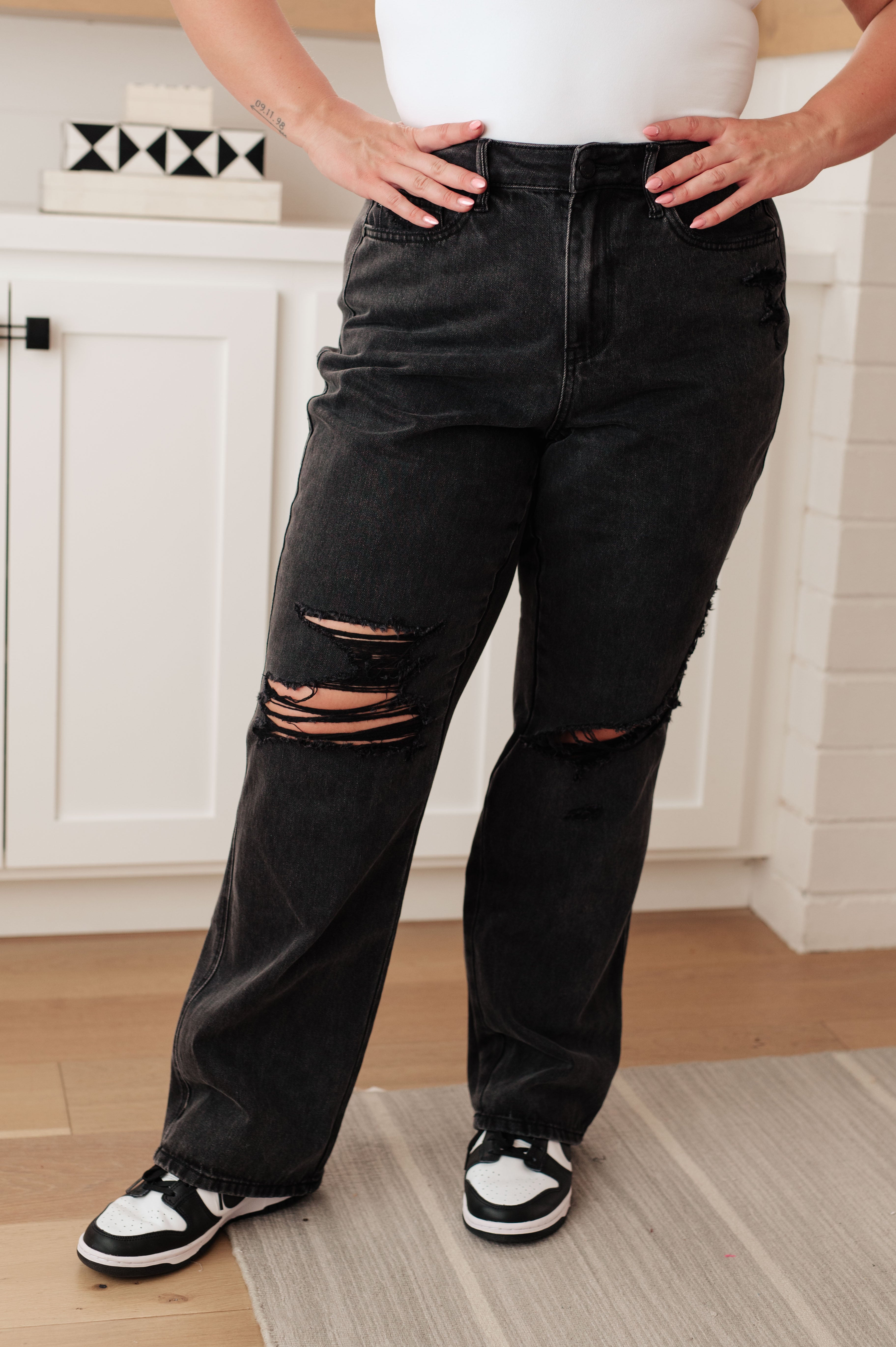 Susannah High Rise Rigid Magic 90's Distressed Straight Jeans in Black Ave Shops
