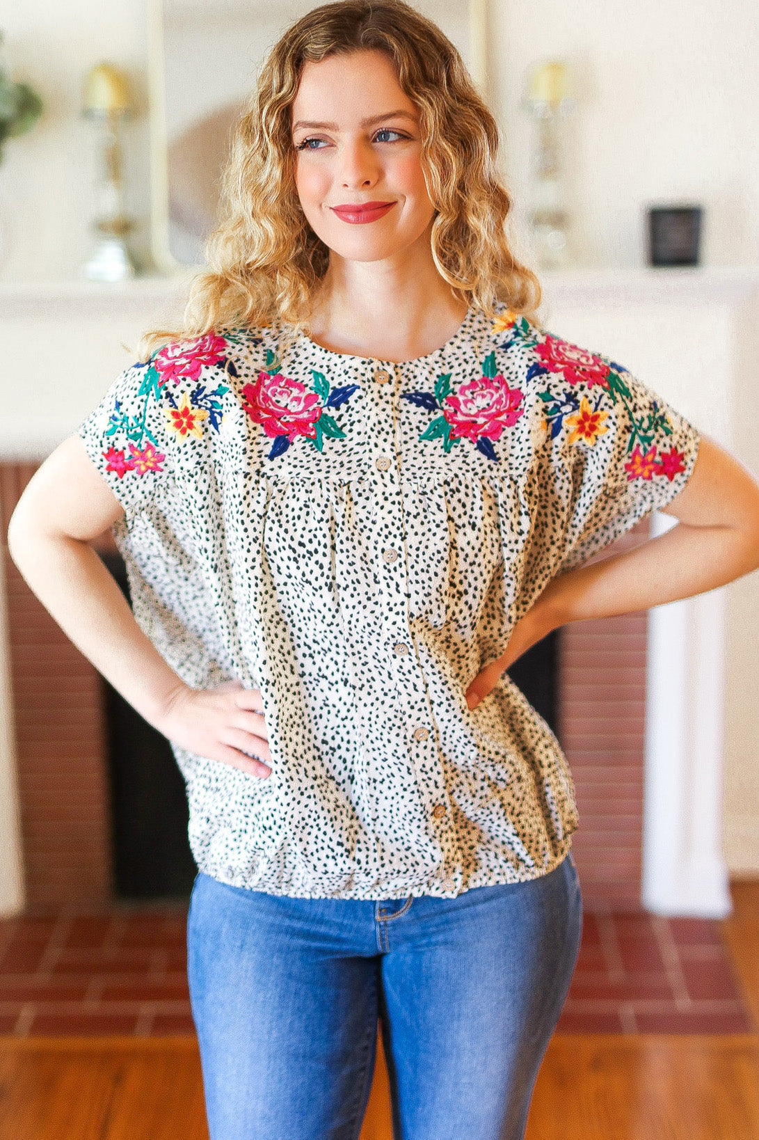 Perfectly Poised Ivory Animal Print Floral Embroidery Button Down Top ODDI