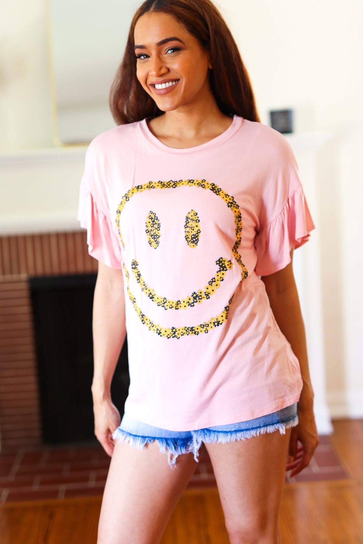 Live For Today Pink Floral Smiley Face Flutter Sleeve Tee Red Lolly