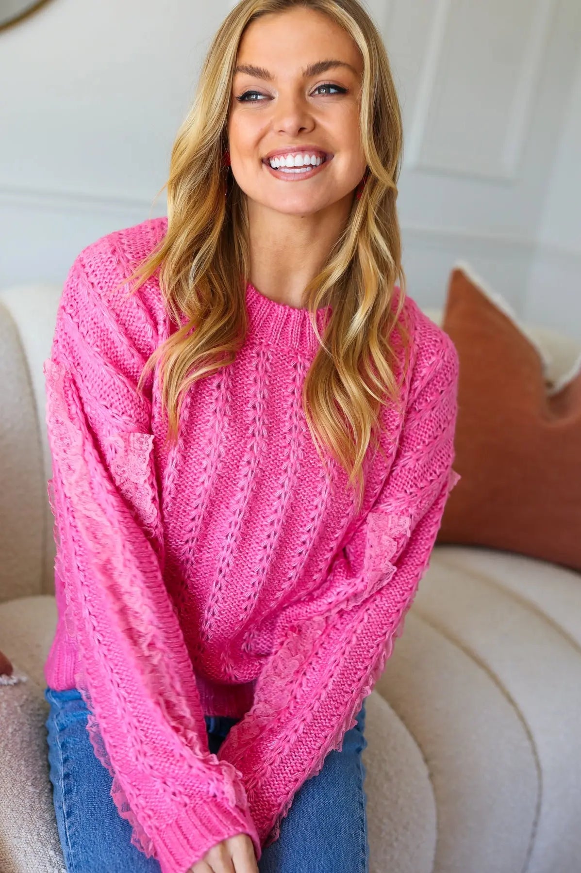 True Love Pink Lace Trim Oversized Knit Sweater Very J